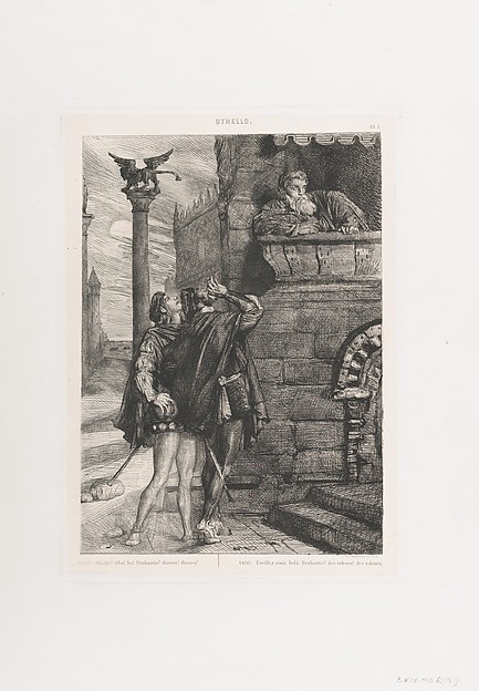 "Owake!  what ho!  Brabantio!  thieves!  thieves!": plate 1 from Othello (Act 1, Scene 1)
