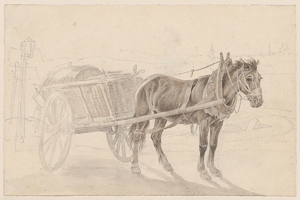A Cart Drawn by a Brown Horse Near a Lamp Pole; Verso: A Group of Mounted Officers