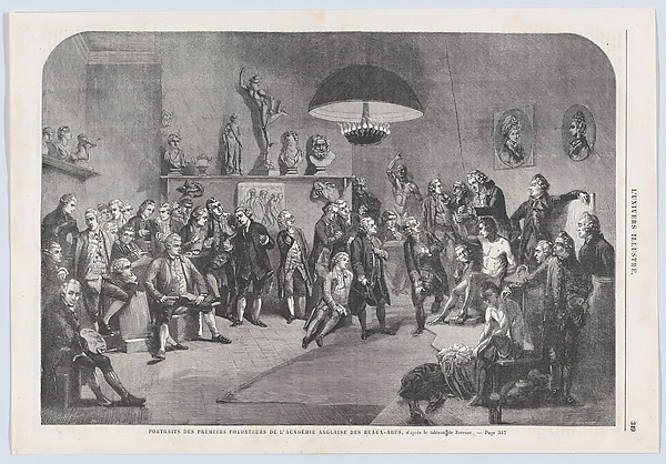 Portraits des premiers fondateurs de l'Académie Anglaise des Beaux-Arts (Portraits of the founding members of the Royal Academy of Arts, London), from "L'Univers Illustré"