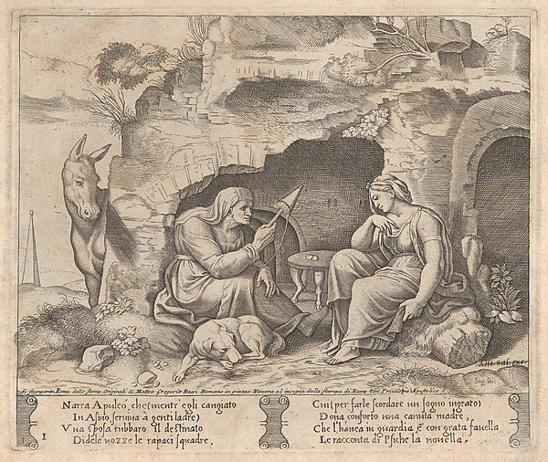 Plate 1: Apuleius changed into a donkey, listening to the story told by the old woman, from "The Story of Cupid and Psyche as told by Apuleius"