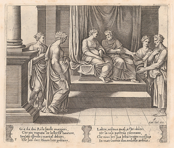 Plate 3: Psyche's two sisters are married to kings, with Psyche standing at left, accompanied by another king, from "The Story of Cupid and Psyche as told by Apuleius"
