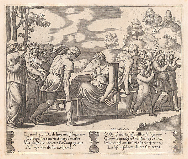 Plate 5: Psyche, seated, being taken to a mountain with a musical troupe leading the way, from "The Story of Cupid and Psyche as told by Apuleius"