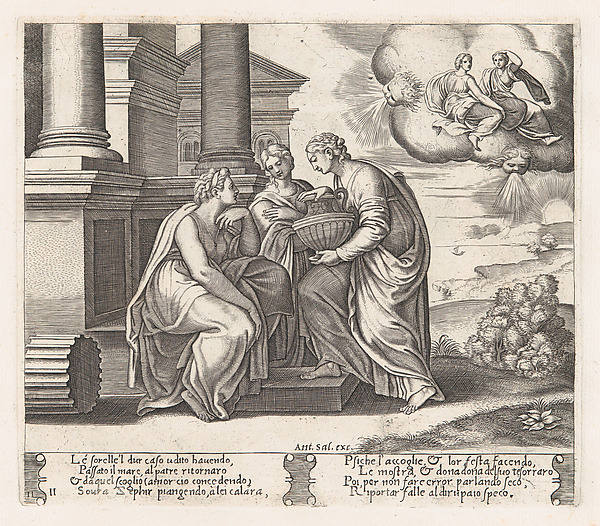 Plate 11: Psyche offering presents to her sisters who also appear on the clouds at upper right, from "The Story of Cupid and Psyche as told by Apuleius"