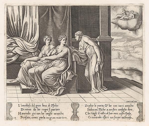 Plate 12: Psyche's sisters persuading Psyche that she has been sleeping with a serpent, from "The Story of Cupid and Psyche as told by Apuleius"
