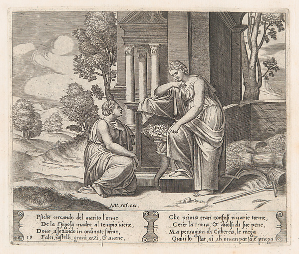 Plate 19: Ceres at right, leaning on a pedestal, refusing to assist Psyche, from "The Story of Cupid and Psyche as told by Apuleius"