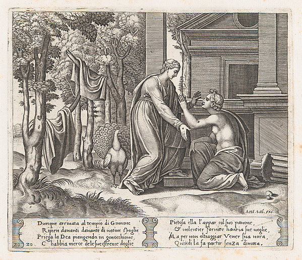 Plate 20: Juno, standing at left, sends away Psyche, who kneels before her, from "The Story of Cupid and Psyche as told by Apuleius"