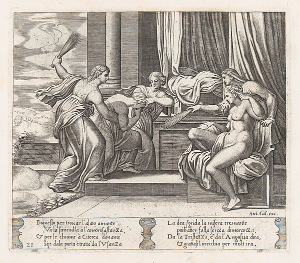 Plate 21: Female personifications of Sorrow and Pain at right punishing Psyche at the behest of Venus, who sits at right, from "The Story of Cupid and Psyche as told by Apuleius"