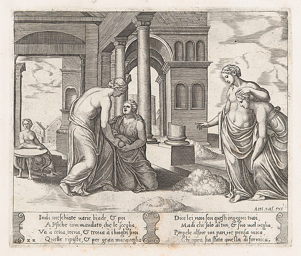 Plate 22: Venus standing at right ordering Psyche to sort a pile of grain, at left the same pair hold a loaf of bread, from "The Story of Cupid and Psyche as told by Apuleius"