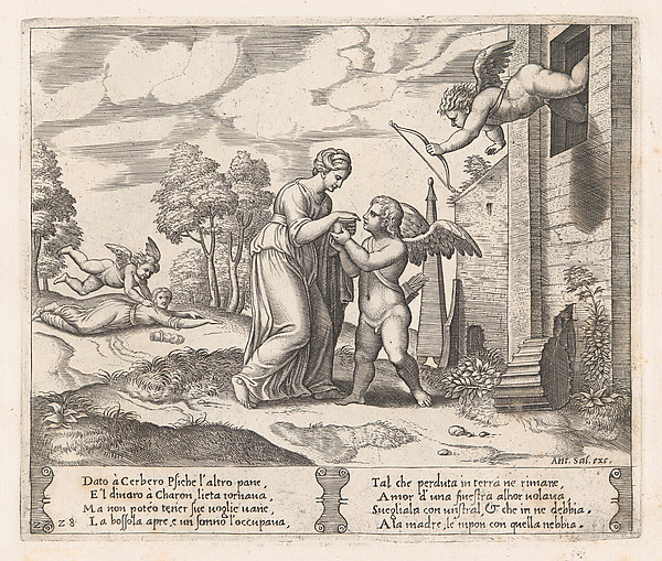 Plate 28: Psyche, wanting to appear more beautiful opens the box, as Cupid arrives in the upper right, and at left his arrow pierces Psyche, who has fallen to the ground, from "The Story of Cupid and Psyche as told by Apuleius"