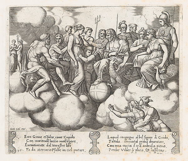 Plate 30: Venus and Cupid pleading their case before Jupiter and other Gods with Mercury transporting Psyche to the heavens at lower right, from "The Story of Cupid and Psyche as told by Apuleius"