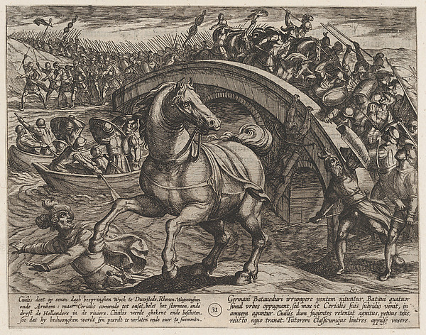 Plate 31: Civilis Forced to Dismount and Swim Across the River, from The War of the Romans Against the Batavians (Romanorvm et Batavorvm societas)