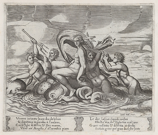 Plate 16: A white bird tells Psyche of Cupid's illness, as she rides dolphins on the sea accompanied by tritons and nereids, from "The Story of Cupid and Psyche as told by Apuleius"