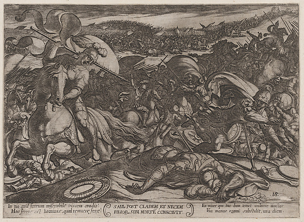 Plate 18: Saul's Suicide after His Defeat by the Philistines, from "The Battles of the Old Testament" by Antonio Tempesta