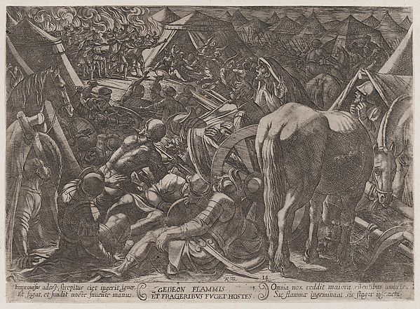 Plate 14: Gideon Terrorizing the Enemy Camp, from "The Battles of the Old Testament" by Antonio Tempesta