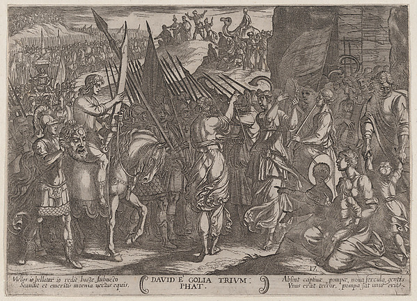 Plate 17: David Returning in Triumph with the Head of Goliath, from "The Battles of the Old Testament" by Antonio Tempesta