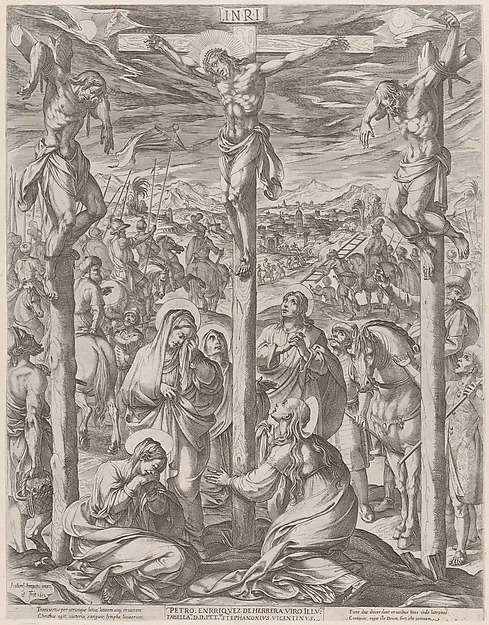 Christ crucified between the two thieves, the three maries at the foot of the cross by Antonio Tempesta