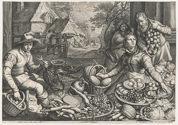 Market Scene, the Rest on the Flight into Egypt in the Background, from Kitchen and Market Scenes with Biblical Scenes in the Background by Jacob Matham