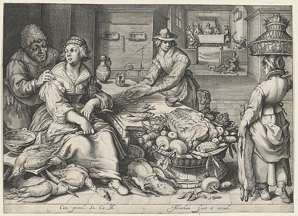 Kitchen Scene with a Maid Drawing Poultry, the Parable of the Rich Man and the Poor Lazarus, from Kitchen and Market Scenes with Biblical Scenes in the Background by Jacob Matham