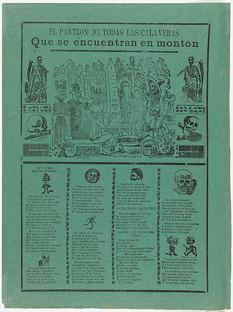 The pantheon of all the skeletons who are eating and drinking in a cemetery (Posada); flanked by skeletons holding scythes (Manilla)