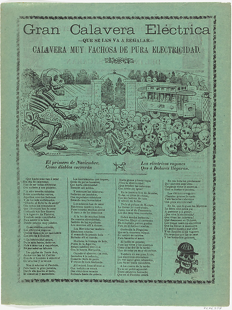 The grand electric skeleton, a large skeleton is hypnotizing a group of skulls and a sitting skeleton, an electric street car in the background