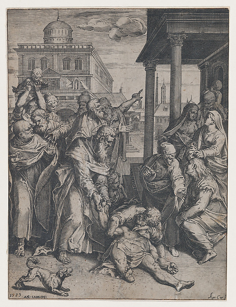 Saint Paul raising Patroclus who is on the ground, surrounded by a group of onlookers, a dog in the foreground at left by Agostino Carracci