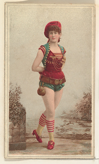 Actress in red and white striped knee socks, from Stars of the Stage, Second Series (N130) issued by Duke Sons & Co. to promote Honest Long Cut Tobacco