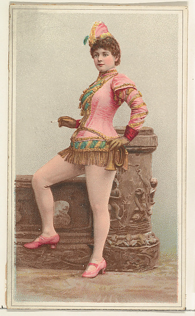 Actress wearing pink costume with brass horn on hip, from Stars of the Stage, Second Series (N130) issued by Duke Sons & Co. to promote Honest Long Cut Tobacco