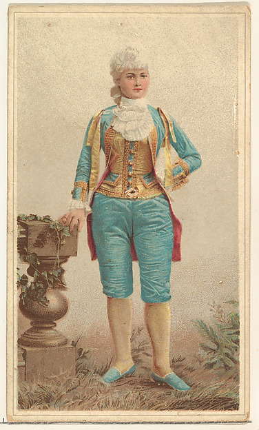 Actress wearing ornate costume with gold bodice and blue trousers, from Stars of the Stage, Second Series (N130) issued by Duke Sons & Co. to promote Honest Long Cut Tobacco