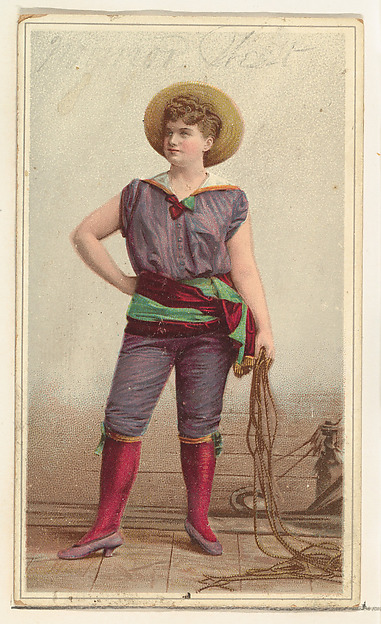 Actress wearing costume with wide sash and holding long rope, from Stars of the Stage, Second Series (N130) issued by Duke Sons & Co. to promote Honest Long Cut Tobacco
