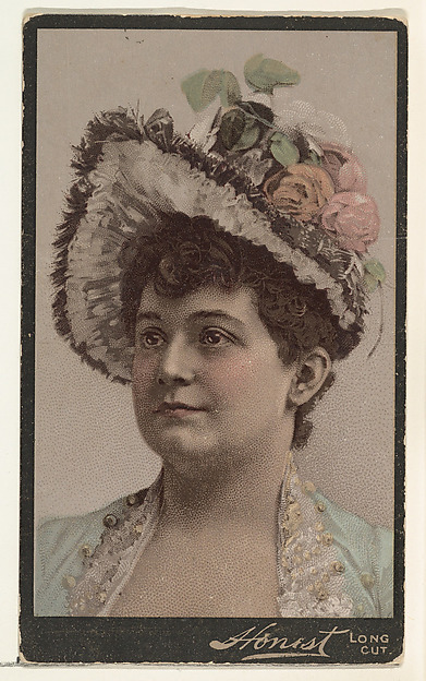 Actress wearing elaborate hat with flowers, from Stars of the Stage, Third Series (N131) issued by Duke Sons & Co. to promote Honest Long Cut Tobacco