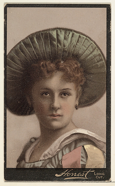 Actress wearing wide-brimmed hat lined with green folded fabric, from Stars of the Stage, Third Series (N131) issued by Duke Sons & Co. to promote Honest Long Cut Tobacco