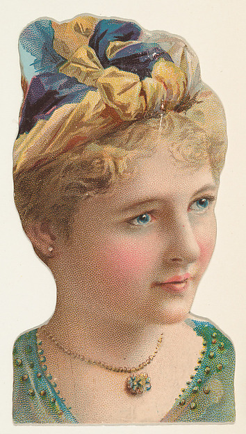 Actress wearing blue and yellow unstructured hat, from Stars of the Stage, Fourth Series (N132) issued by Duke Sons & Co. to promote Honest Long Cut Tobacco