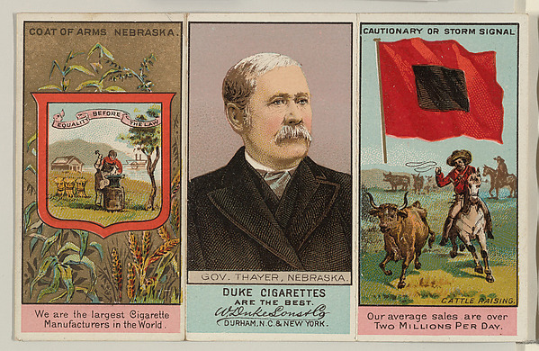 Governor Thayer, Nebraska, from "Governors, Arms, Etc." series (N133-2), issued by Duke Sons & Co.