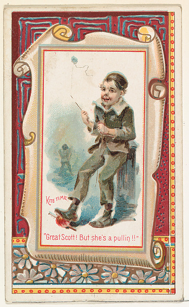 Kite Time, "Great Scott! But she's a pullin!!" from the Terrors of America set (N136) issued by Duke Sons & Co. to promote Honest Long Cut Tobacco