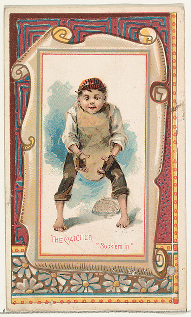 The Catcher, "Sock 'em in," from the Terrors of America set (N136) issued by Duke Sons & Co. to promote Honest Long Cut Tobacco