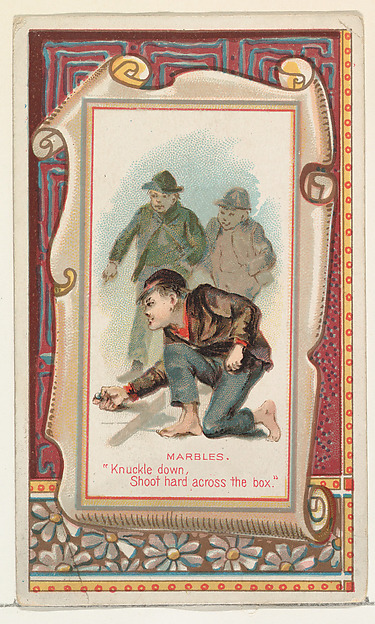 Marbles, "Knuckle down, Shoot hard across the box," from the Terrors of America set (N136) issued by Duke Sons & Co. to promote Honest Long Cut Tobacco by W. Duke, Sons & Co., The Metropolitan Museum of Art