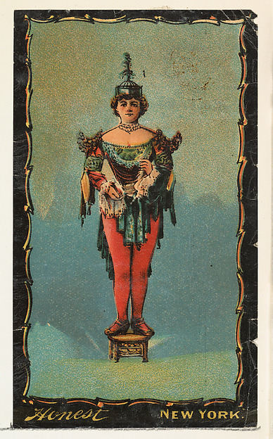Actress in costume standing on wooden pedestal, from the Transparencies series (N137) issued by W. Duke, Sons & Co. to promote Honest Long Cut Tobacco