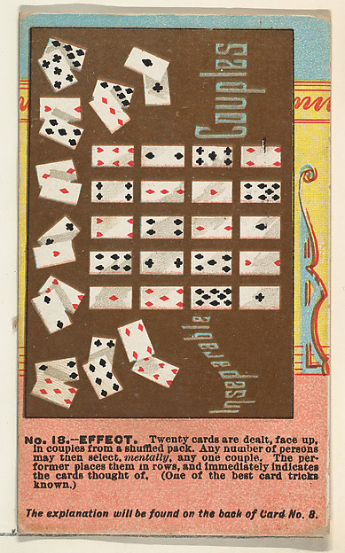 Number 18, Inseparable Couples, from the Tricks with Cards series (N138) issued by W. Duke, Sons & Co. to promote Honest Long Cut Tobacco