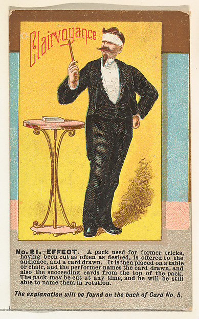 Number 21, Clairvoyance, from the Tricks with Cards series (N138) issued by W. Duke, Sons & Co. to promote Honest Long Cut Tobacco