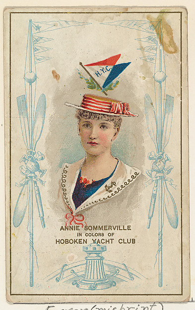 Error-Misprint Card, Annie Sommerville in Colors of the Hoboken Yacht Club, from the Yacht Colors of the World series (N140) issued by Duke Sons & Co. to promote Honest Long Cut Tobacco