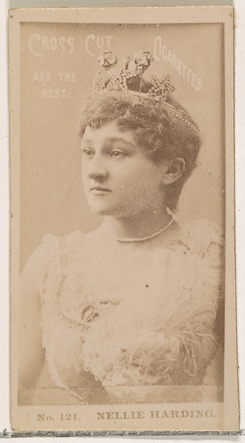 Card Number 121, Nellie Harding, from the Actors and Actresses series (N145-2) issued by Duke Sons & Co. to promote Cross Cut Cigarettes