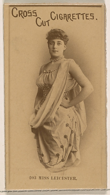Card Number 203, Miss Leicester, from the Actors and Actresses series (N145-2) issued by Duke Sons & Co. to promote Cross Cut Cigarettes