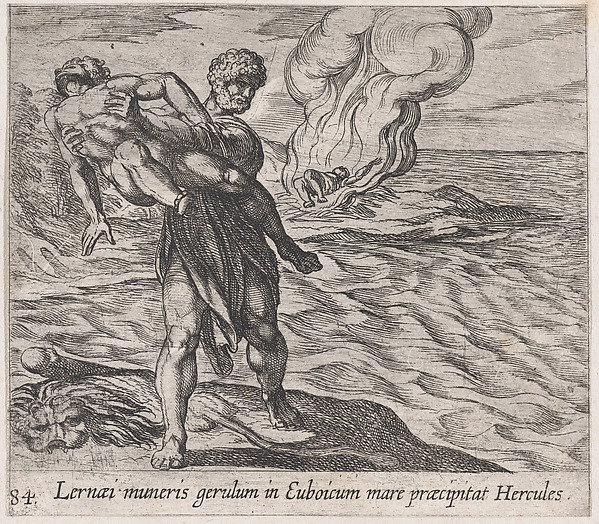 Plate 84: Hercules Throwing Lichas into the Sea (Lernaei muneris gerulum in Euboicum mare praecipitat Hercules), from Ovid's 'Metamorphoses'