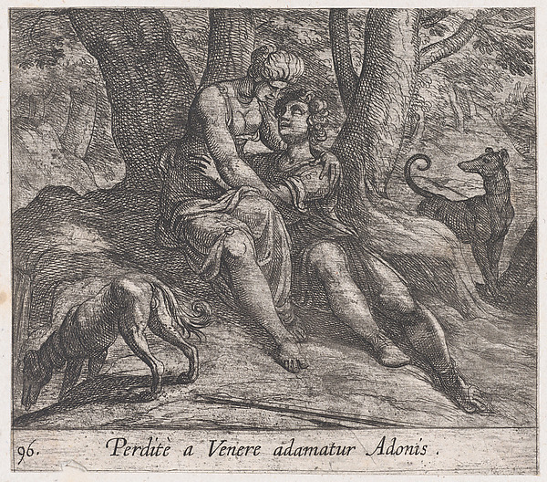 Plate 96: Venus and Adonis Embracing (Perditè a Venere adamatur Adonis), from Ovid's 'Metamorphoses' by Antonio Tempesta, The Metropolitan Museum of Art