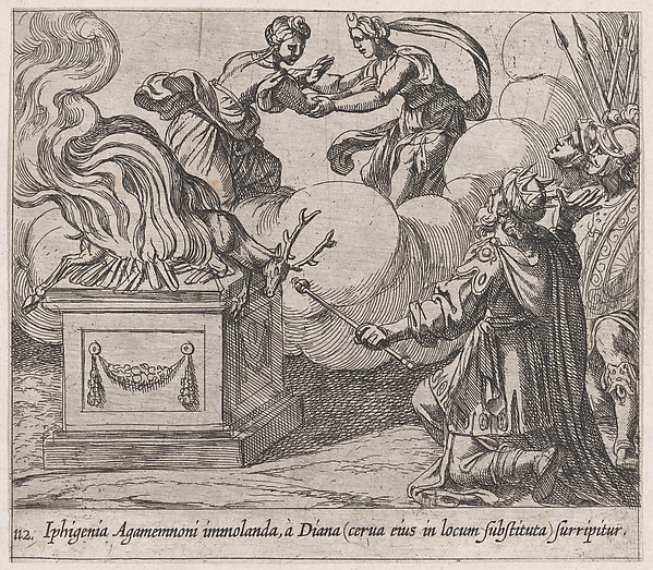 Plate 112: Agamemnon Sacrificing Iphigenia (Iphigenia Agamemnoni immolanda, à Diana (cerva eius in locum substituta) surripitur), from Ovid's 'Metamorphoses'