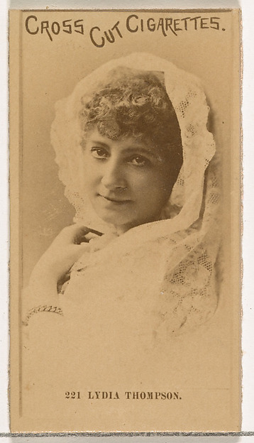 Card Number 221, Lydia Thompson, from the Actors and Actresses series (N145-2) issued by Duke Sons & Co. to promote Cross Cut Cigarettes