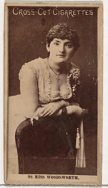 Card Number 98, Miss Woodsworth, from the Actors and Actresses series (N145-2) issued by Duke Sons & Co. to promote Cross Cut Cigarettes