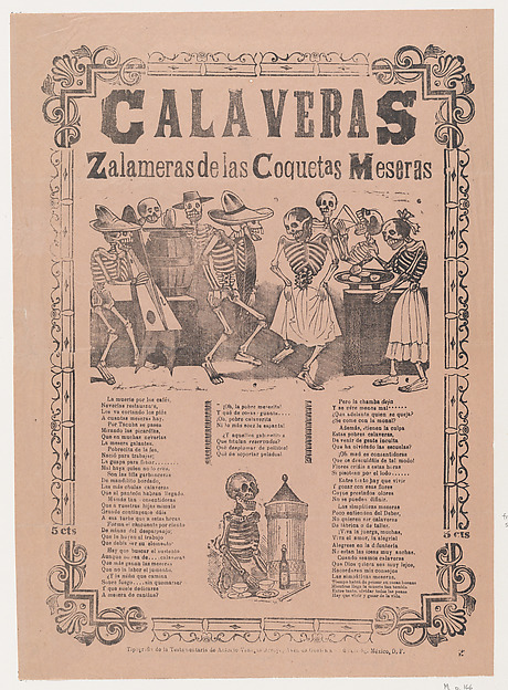 Skeletons (calaveras) dancing and drinking, relating to the coquettish waitress, corrida in bottom section