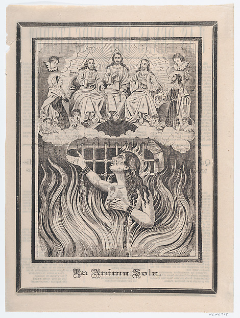 Broadsheet with image of a chained woman in purgatory and the Holy Trinity above by José Guadalupe Posada