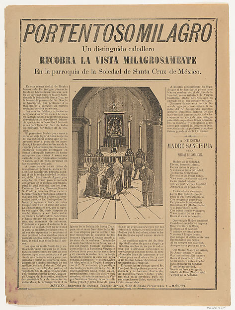 Broadsheet relating to a miracle that occured when a distinguished man regained his sight in the parish church of Soledad de Santa Cruz
